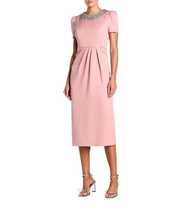 マックダガル レディース トップス 衣装 MIDI Mac Duggal Rhinestone Crew Neckline Short Sleeve Midi Dress Rose Pink サクラ色