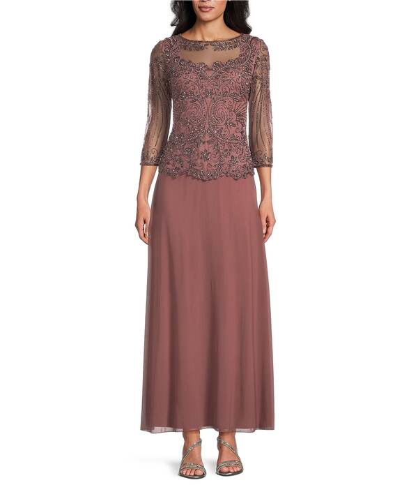 ピサッロナイツ レディース トップス 衣裳 A 伝達ルート Pisarro Nights Beaded Illusion Boat Neck 3/4 Sleeve A-Line Dress Mauve