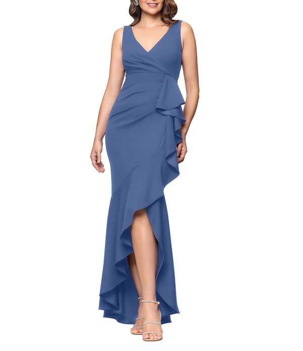 ベッツィアンドアダム レディース トップス 衣裳 Vのど首 プチ フラウンス ノースリーブ Betsy \u0026 Adam Petite Size Sleeveless V-Neck Spiral Ruffle Cascade Gown Slate スレート