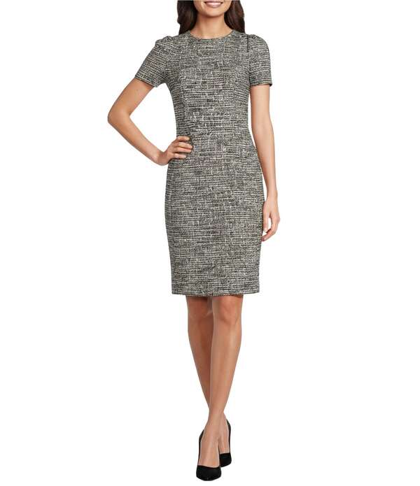 カルバンクライン レディース トップス 衣裳 労働者の一団のど首 ツィード Calvin Klein Short Sleeve Crew Neck Tweed Sheath Dress Black Cream 皮膚軟化剤