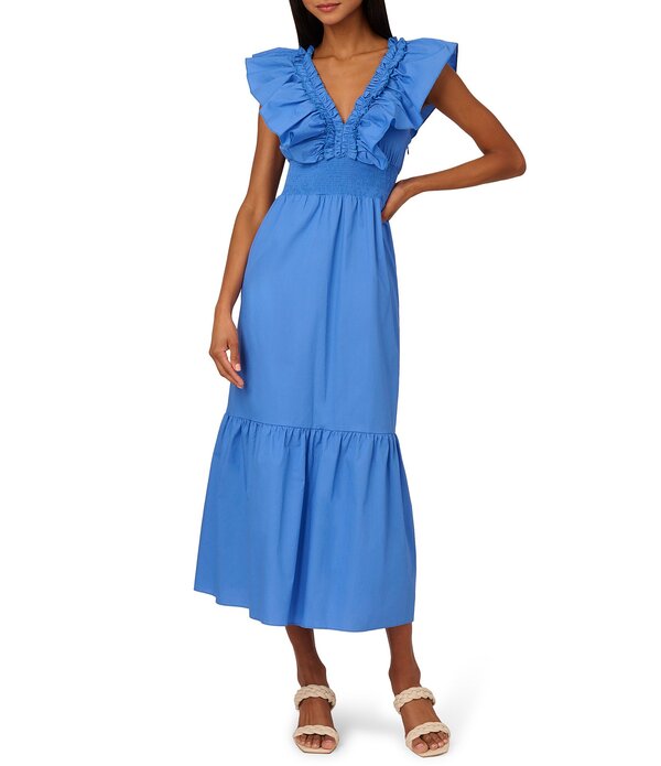 アドリアナ パペル レディース トップス 衣装 Vのど首 フラウンス MIDI ノースリーブ シャーリング Adrianna by Adrianna Papell Ruffle V-Neck Smocked Waist Sleeveless Midi Dress Cool Water
