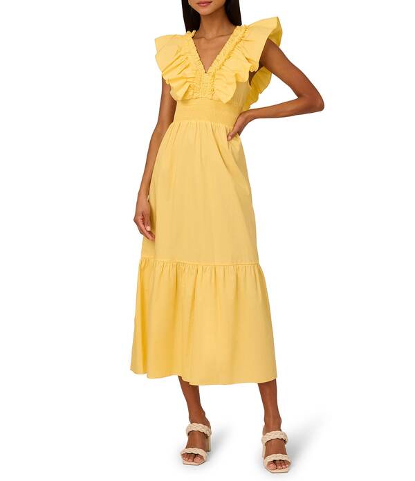 アドリアナ パペル レディース トップス 衣装 Vのど首 フラウンス MIDI ノースリーブ シャーリング Adrianna by Adrianna Papell Ruffle V-Neck Smocked Waist Sleeveless Midi Dress Warm Sun