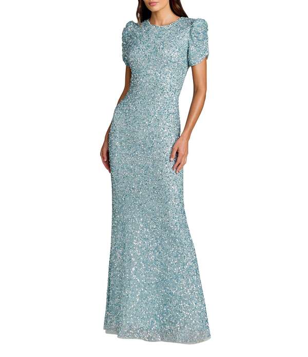 マックダガル レディース トップス ワンピース クルーネック ギャザー Mac Duggal Beaded Crew Neck Ruched Short Sleeve Gown Powder Blue ブルー｜ReVida 店