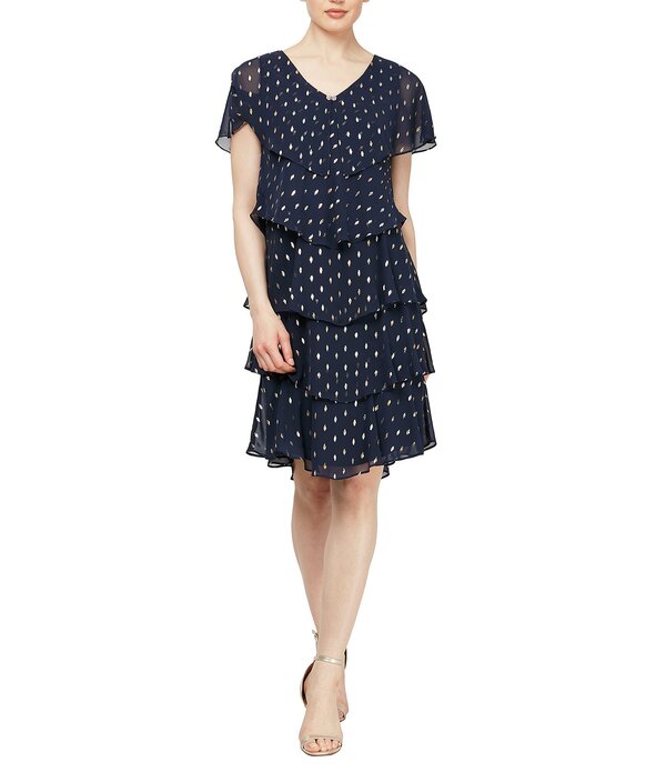 イグナイト レディース トップス 衣装 点点柄 Vのど首 ティアードット プチ トール 旗がしら Ignitevenings Petite Size Short Sleeve V-Neck Metallic Polka Dotiered Caplet Dress Navy Gold 米国海軍