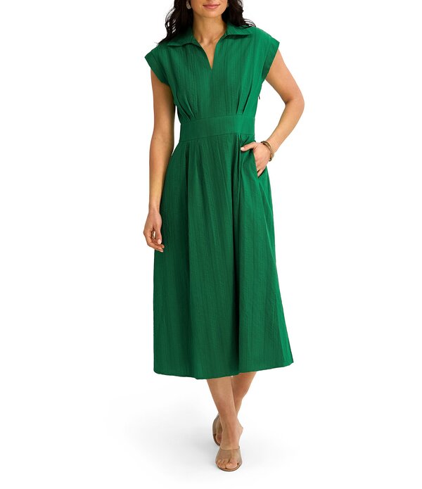 ケンジー レディース トップス 衣装 Vのど首 A 生産ライン 筋目 MIDI シャーリング 綿織物 旗がしら Kensie Cotton Point Collar V-Neck Cap Dolman Sleeve Smocked Pleated Midi A-Line Dress Tropical Green 緑であること