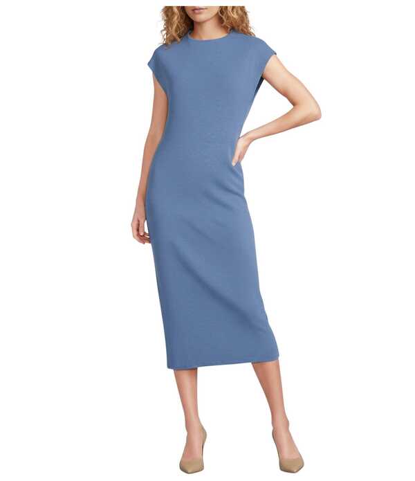 ヴィンスカムート レディース トップス 衣裳 モックネック 肋筋 MIDI 旗がしら 編み物 Vince Camuto Mock Neck Cap Sleeve Ribbed Knit Midi Sheath Dress Echo Blue 青碧
