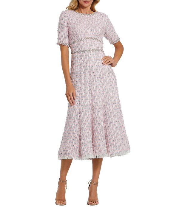 マックダガル レディース トップス 衣装 MIDI Mac Duggal Short Sleeve Beaded Trim Boucle Midi Dress Pink Multi サクラ色