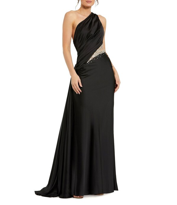 マックダガル レディース トップス 衣装 ドレープ ギャザー メッシュ 繻子 ノースリーブ Mac Duggal Embellished Mesh Inset Satin Ruched One Shoulder Sleeveless Draped Gown Black 黒いこと