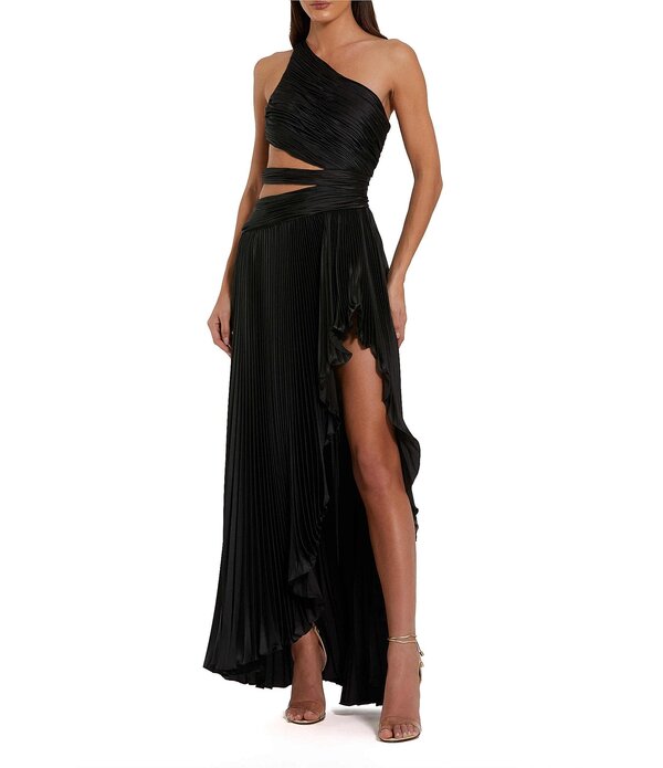 マックダガル レディース トップス 衣装 カットアウト 向こう正面細長い切口 筋目 ノースリーブ Mac Duggal Pleated Charmeuse One Shoulder Sleevelesside Cut-Out Front Slit Gown Black 黒いこと