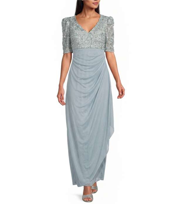 アレックスイブニングス レディース トップス 衣裳 Vのど首 Alex Eveningshort Sleeve V-Neck Soutache Bodice Cascade Ruddle Dress Ice Sage サルヴィア