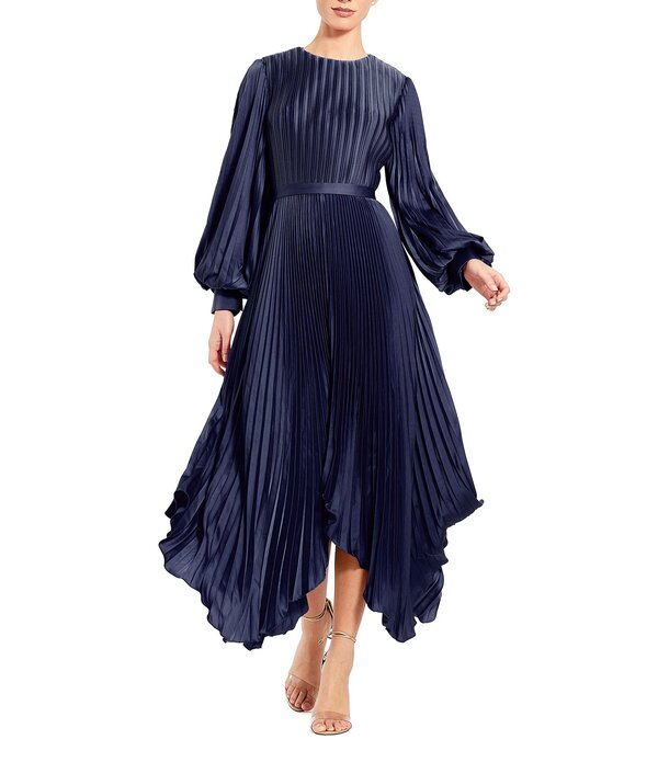 マックダガル レディース トップス 衣裳 軽気球衣袂 筋目 MIDI 繻子 Mac Duggal Pleated Satin Round Neck Long Balloon Sleeve Hanky Hemidi Dress Midnight
