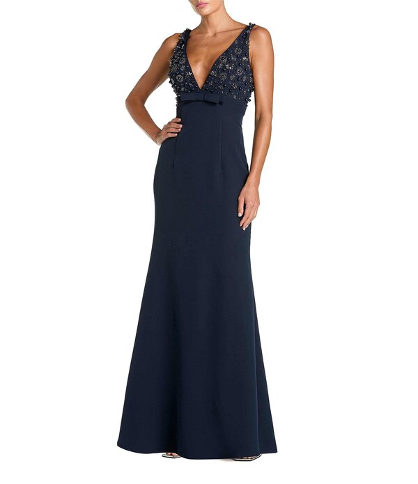 マックダガル レディース トップス 衣装 Vネックレープ A 生産ライン Mac Duggal V-Neck Beaded Bodice Crepe Aline Gown Midnight