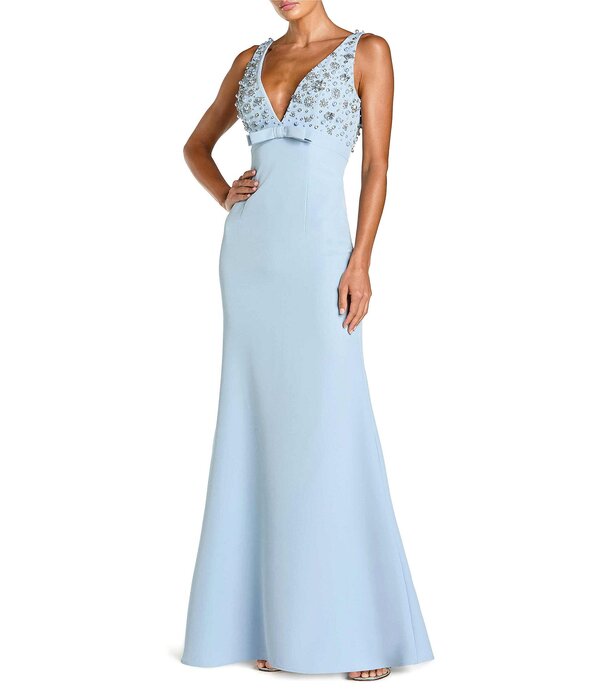 マックダガル レディース トップス 衣装 Vネックレープ A 生産ライン Mac Duggal V-Neck Beaded Bodice Crepe Aline Gown Powder Blue 青色