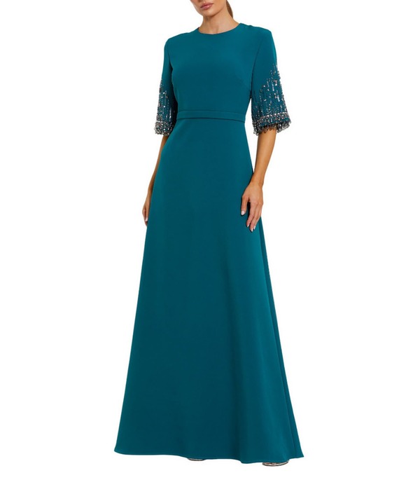 マックダガル レディース トップス 衣裳 縮緬 A 伝達ルート Mac Duggal Short Beaded Sleeve Crepe A-Line Gown Ocean