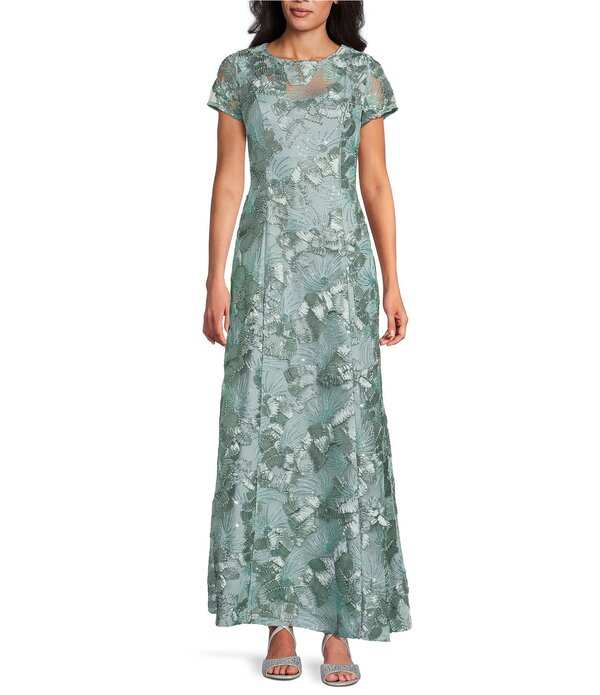 アレックスイブニングス レディース トップス 衣裳 A 伝達ルート スピード競技 Alex Evenings Lace Scoop Neck Short Sleeve A-Line Gown Ice Sage サルヴィア
