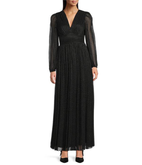 アレックスマリー レディース トップス 衣裳 Vのど首 A 伝達ルート プチ トール Alex Marie Petite Size Bella Crinkle Metallic V-Neck Blouson Long Sleeve A-Line Gown Black 黒いこと