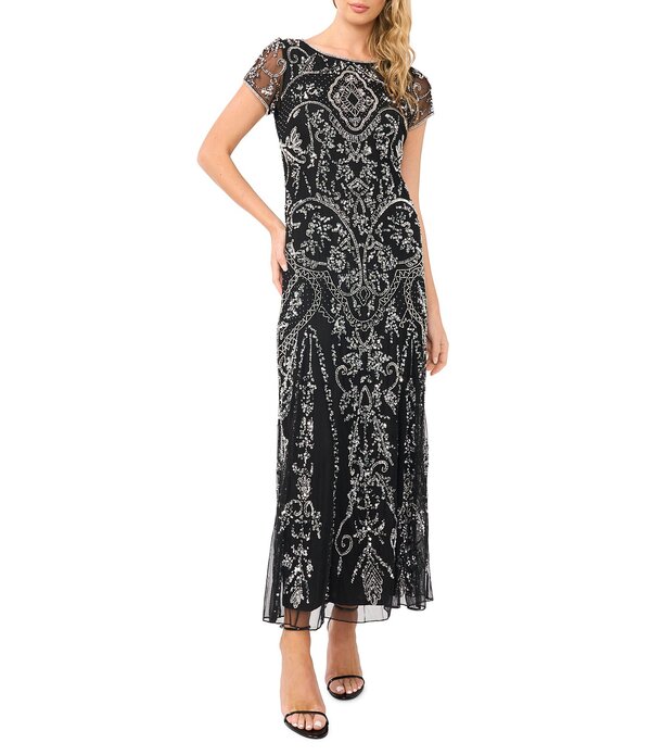 ピサッロナイツ レディース トップス 衣裳 メッシュ Pisarro Nights Beaded Mesh Boat Short Illusion Sleeve Sheath Dress Black/Silver 黒いこと