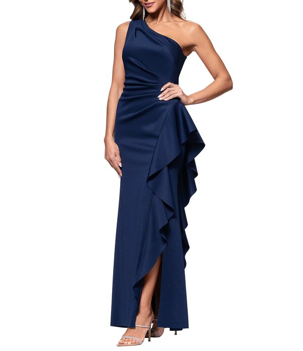 逃げ失せる レディース トップス 衣裳 縮緬 フラウンス アクアラング Xscape One Shoulder Side Ruffle Scuba Crepe Gown Midnight