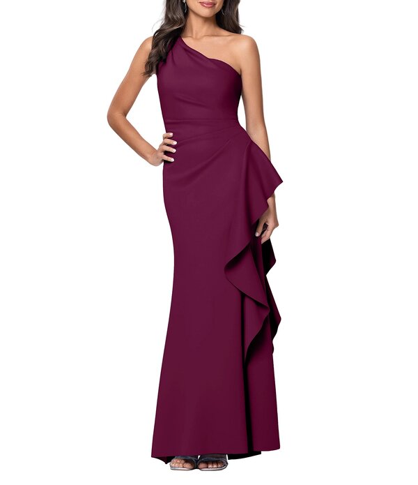 逃げ失せる レディース トップス 衣裳 縮緬 フラウンス アクアラング Xscape One Shoulder Side Ruffle Scuba Crepe Gown Raisin