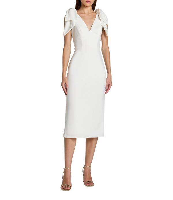 マックダガル レディース トップス 衣裳 Vネックレープ MIDI ノースリーブ Mac Duggal Crepe V-Neck Sleeveless Bow Shoulder Midi Sheath Dress Ivory 象牙色