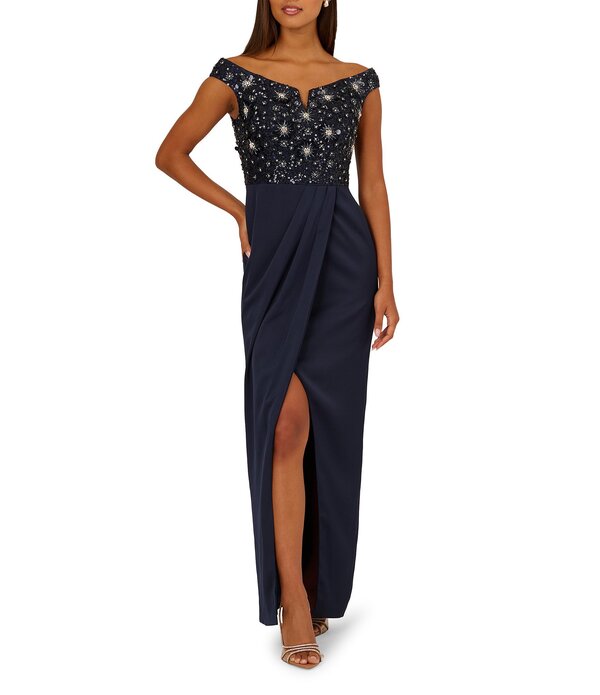 アイダンマットックス レディース トップス 衣装 メッシュ 繻子 旗がしら Aidan Mattox Beaded Mesh Off-The-Shoulder Cap Sleeve Satin Column Dress Twilight