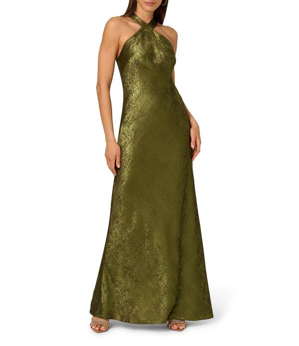 アドリアナ パペル レディース トップス 衣裳 ノースリーブ ホルター Adrianna Papell Foiled Woven Halter Neck Sleeveless Back Neck Tail Sheath Dress Dark Olive オリーブ