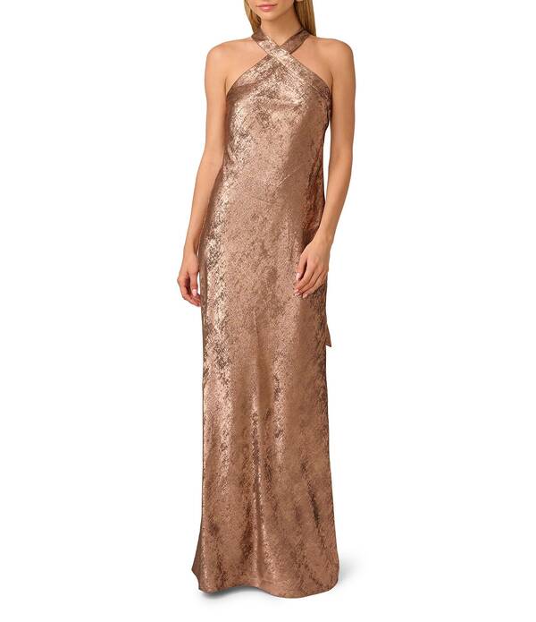 アドリアナ パペル レディース トップス 衣裳 ノースリーブ ホルター Adrianna Papell Foiled Woven Halter Neck Sleeveless Back Neck Tail Sheath Dress Mocha モカ
