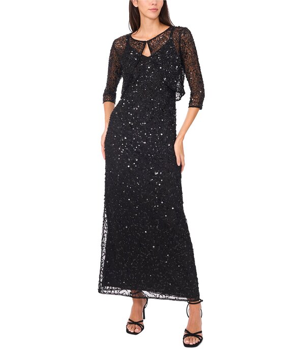 ピサッロナイツ レディース トップス 衣裳 Vのど首 A 伝達ルート メッシュ 上衣 Pisarro Nights Beaded Mesh V-Neck 3/4 Sleeves A-Line 2-Piece Jacket Dress Black 黒いこと