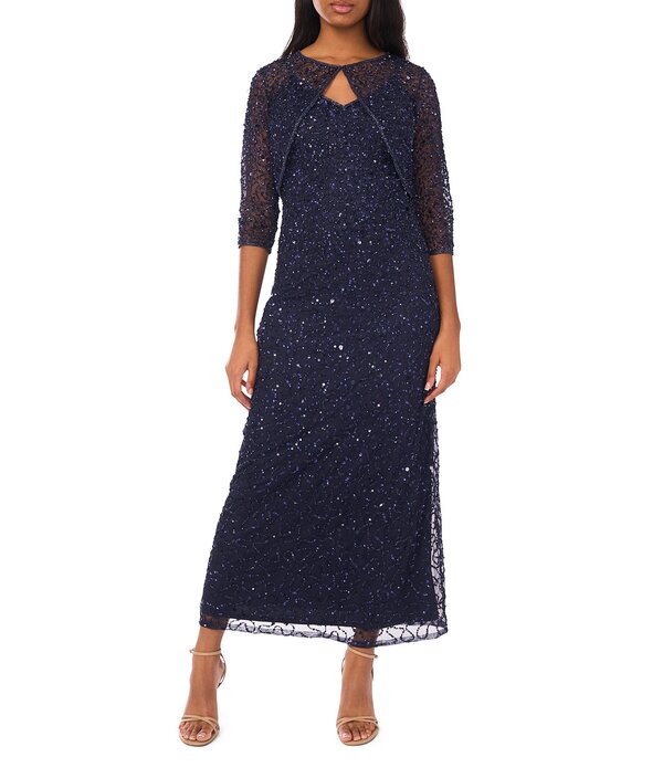 ピサッロナイツ レディース トップス 衣裳 Vのど首 A 伝達ルート メッシュ 上衣 Pisarro Nights Beaded Mesh V-Neck 3/4 Sleeves A-Line 2-Piece Jacket Dress Navy 米国海軍