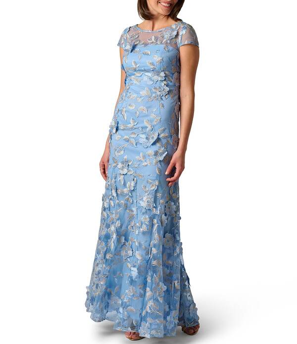 アドリアナ パペル レディース トップス 衣裳 A 伝達ルート 御花柄 刺しゅう 御花 Adrianna Papell Floral Embroidered Boat Neck Short Sleeve A-Line Long Dress Light Blue Gold 青碧