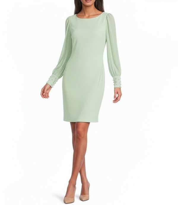 長い巻き毛 ラガーフェルド レディース トップス 衣装 シフォン クルーネックレープ ミニ アクアラング KARLAGERFELD PARIScuba Crepe Crew Neck Chiffon Long Sleeve Pearl Cuff Sheath Mini Dress Pale Mint ペパーミント