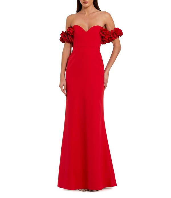 マックダガル レディース トップス 衣装 縮緬 ドレープ Mac Duggal Crepe Off-The-Shoulder Neck Draped Sleeve 3D Flower Gown Red 赤いこと