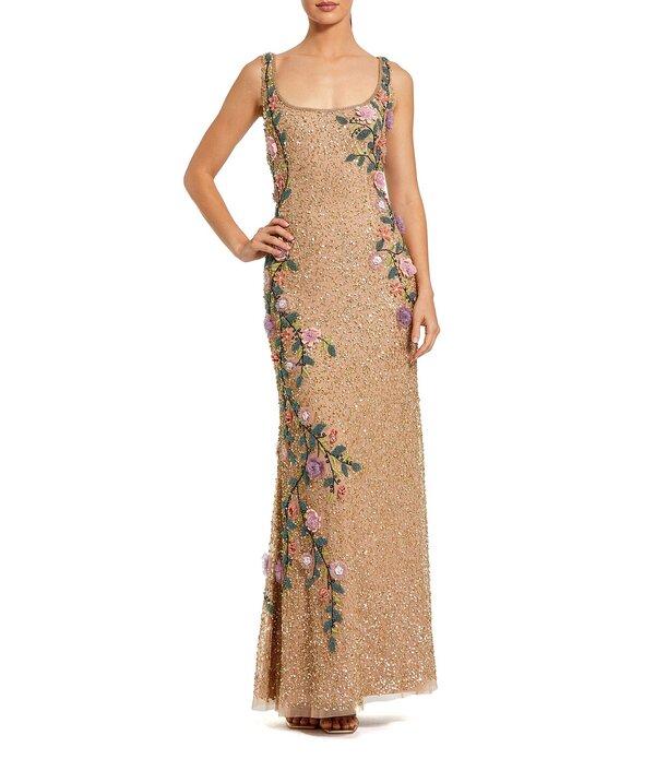 マックダガル レディース トップス 衣装 メッシュ ノースリーブ Mac Duggal Embellished Mesh Square Neck Sleeveless 3D Flower Gown Gold Multi ゴールド