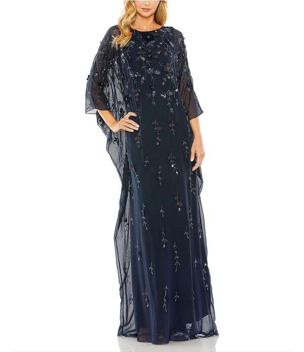 マックダガル レディース トップス 衣裳 メッシュ Mac Duggal Embellished Mesh Boat Neck Long Sleeve 3D Flower Caftan Gown Midnight