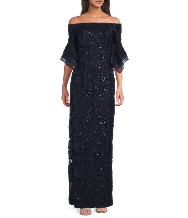 アドリアナ パペル レディース トップス ワンピースパンコール スピード競技 Adrianna Papell Sequin Lace Off-The-Shoulder Neck 3/4 Flutter Sleeve Column Gown Midnight