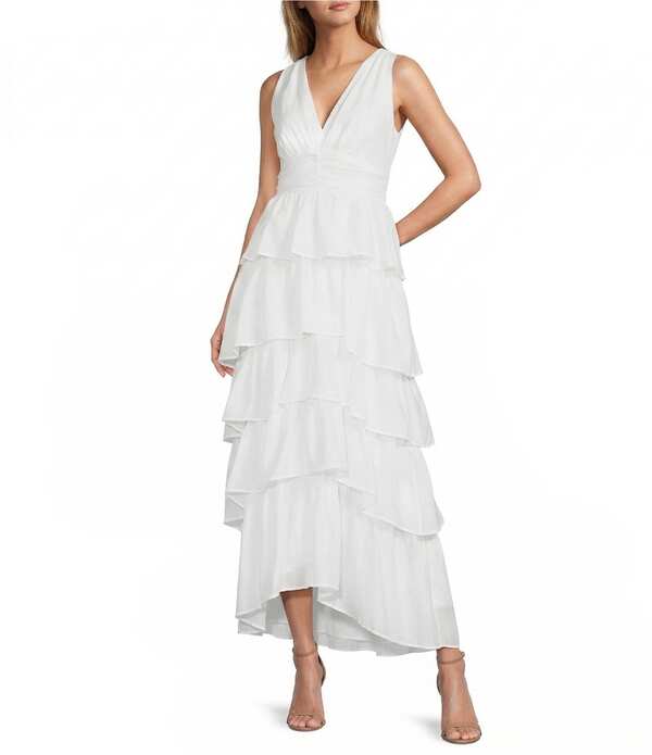 壱洲 レディース トップス 衣装 Vのど首 A 生産ライン フラウンス ノースリーブ マキシ 1. STATE V-Neck Sleeveless Cascading Ruffle Maxi A-Line Maxi Dress Ultra White 白いこと