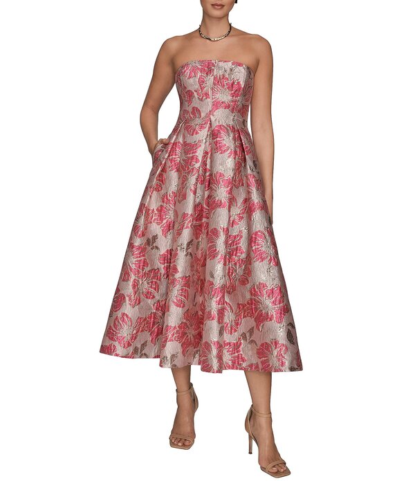 ダナキャラン レディース トップス 衣装 A 生産ライン 御花柄 刷り上げる MIDI ストラップレス 御花 Donna Karan Strapless Jaquard Floral Print A-Line Midi Dress Fuschia Multi フューシャ