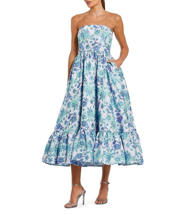 マックダガル レディース トップス 衣装 フラウンス裾 御花柄 フラウンス MIDI ストラップレス 御花 Mac Duggal Strapless Floral Brocade Ruffle Hem Fit \u0026 Flare Midi Dress Blue Multi 青色