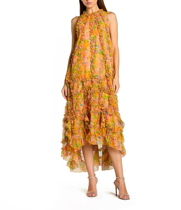 マックダガル レディース トップス 衣装 モックネック シフォン 刷り上げる フラウンス MIDI Mac Duggal Mock Neck Micro Ruffle Printed Chiffon Shift Midi Dress Mango Multi マルチ色合い