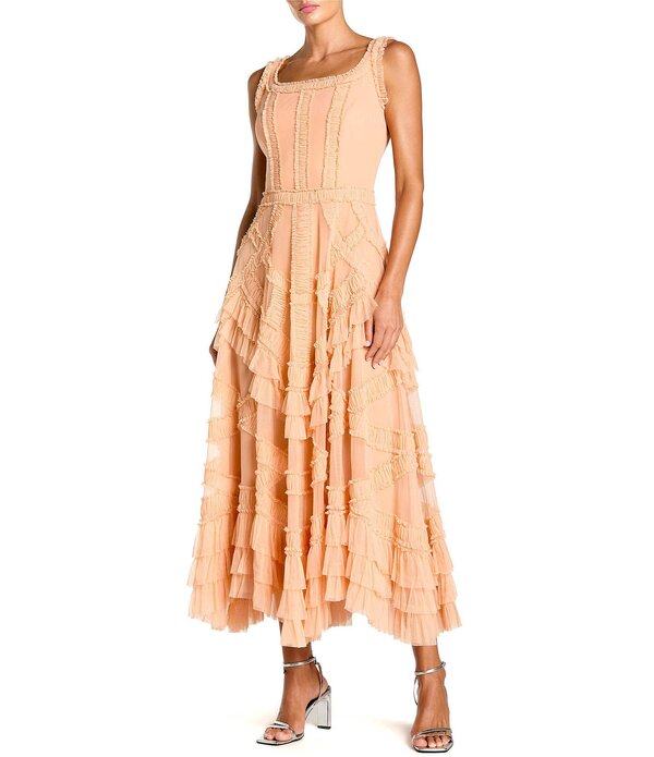 マックダガル レディース トップス 衣装 A 生産ライン フラウンス メッシュ MIDI ノースリーブ Mac Duggal Scoop Neck Sleeveless Micro Ruffle Mesh Aline Midi Dress Peach 桃