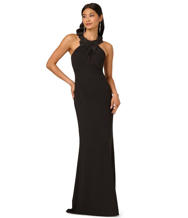 アドリアナ パペル レディース トップス 衣裳 クレープチ ホルター Adrianna Papell Petite Size Rosette Halter Crepe Dress Black 黒いこと