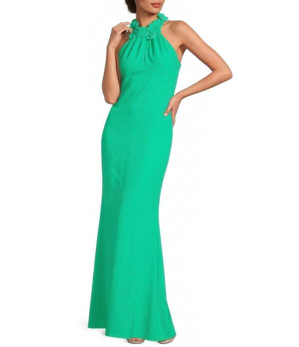 アドリアナ パペル レディース トップス 衣裳 クレープチ ホルター Adrianna Papell Petite Size Rosette Halter Crepe Dress Flora Green 緑であること