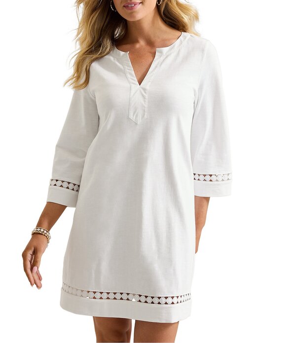 トッミーバハマ レディース トップス 衣装 Vのど首 A 生産ライン 綿織物 刺しゅう プルオーバー Tommy Bahama Sunset Harbor Solid Cotton Slub Jersey Split V-Neck Bell Sleeves Embroidered Trim A-Line Dress White 白いこと