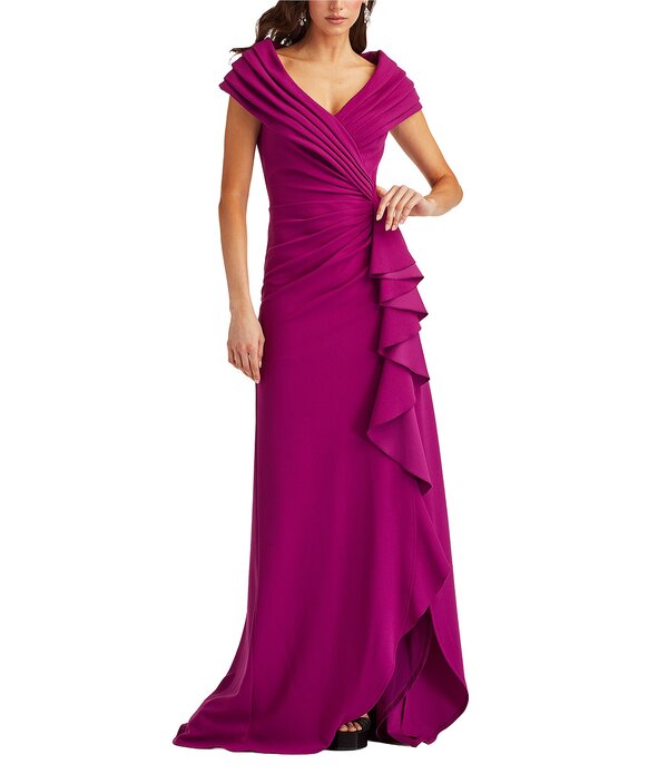 タダシショージ レディース トップス 衣装 粘土筋目 フラウンス Tadashi Shoji Pleated Portrait Collaruffle Front Crepe Sheath Gown Magenta マゼンタ