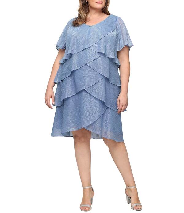 イグナイト レディース トップス 衣装 Vのど首 ティアード 足し加える大きさ Ignitevenings Plusize V-Neck Shimmer Tiered Short Sleeve Dress Hydrangea