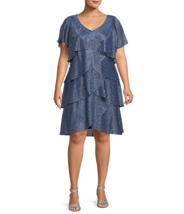 イグナイト レディース トップス 衣装 Vのど首 ティアード 足し加える大きさ Ignitevenings Plusize V-Neck Shimmer Tiered Short Sleeve Dress Navy 米国海軍
