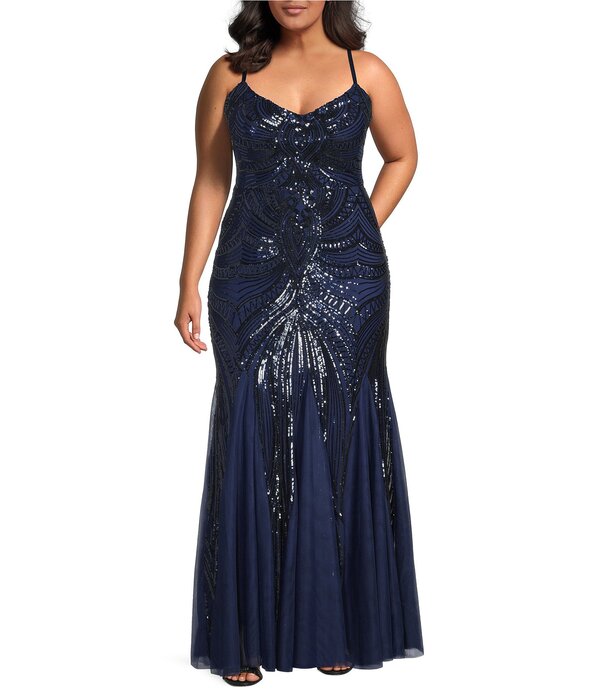 ビーダーリン レディース トップス ワンピース Vネック プラスサイズ スパンコール レース B. Darlin Plusize Pattern Sequin V-Neck Spaghetti Strap Lace Up Back Godet Dress Navy/Navy ネイビー｜ReVida 店