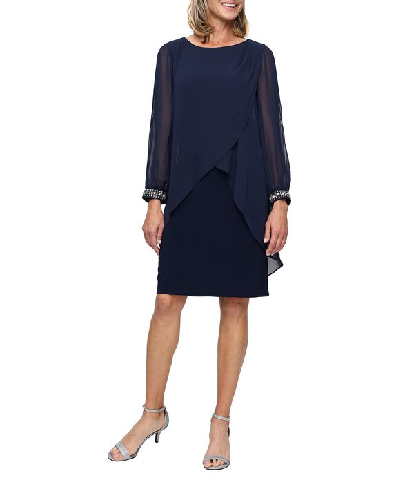 イグナイト レディース トップス 衣裳 シフォン 労働者の一団のど首 オーバーレイ Ignitevenings Chiffon Crew Neck 3/4 Sleeve Tulip Overlay Sheath Dress Navy 米国海軍