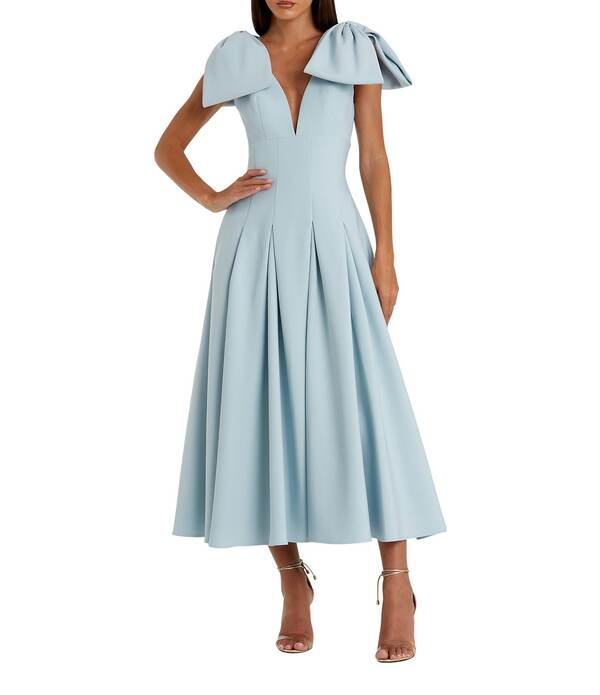 マックダガル レディース トップス 衣装 Vネックレープ A 生産ライン 筋目 Mac Duggal Double V-Neck Bow Shoulder Crepe Pleated A-Line Tea Length Dress Ice Blue 青色