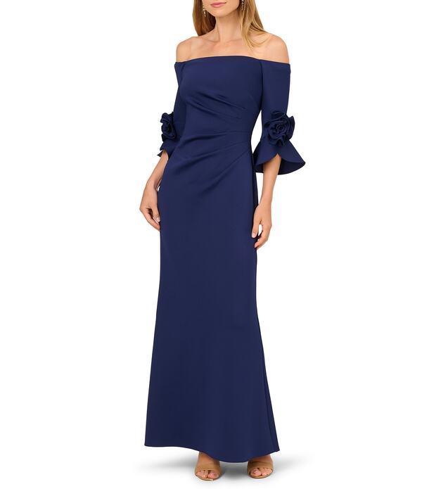 アドリアナ パペル レディース トップス 衣裳 縮緬 ギャザー アクアラング Adrianna Papell Off the Shoulder 3/4 Rosette Tulip Sleeve Ruched Scuba Crepe Sheath Longownavy Satin 米国海軍